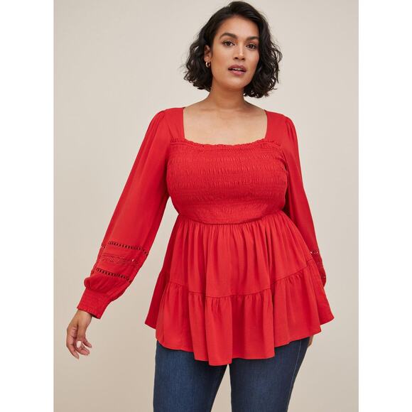 Torrid Baby doll Rayon Slub / Lace Inset Smocked Tiered Top, Women’s Size 1 XL - Picture 2 of 7